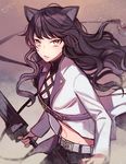  abs animal_ears artist_name black_hair blake_belladonna cat_ears commentary_request ecru gambol_shroud jacket long_hair looking_at_viewer rwby solo weapon white_jacket yellow_eyes 