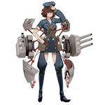  asymmetrical_sleeves bangs blue_eyes boots brown_hair bullet cannon full_body hand_on_headwear hand_on_hip hat looking_at_viewer machinery military military_uniform official_art parizhskaya_kommuna_(victory_belles) pouch salmon88 short_hair simple_background solo standing uniform victory_belles weapon white_background 