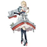  admiral_graf_spee_(victory_belles) armor armored_boots black_footwear black_gloves blonde_hair blue_eyes boots braid corset dress elbow_gloves from_behind full_body glasses gloves hair_slicked_back high_heel_boots high_heels holding holding_weapon knee_boots long_hair looking_away looking_to_the_side official_art plant puffy_short_sleeves puffy_sleeves rimless_eyewear salmon88 short_sleeves simple_background single_braid solo standing victory_belles weapon white_background white_dress 