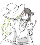  artist_name black_hair blonde_hair blush brown_eyes cheek_kiss cowboy_shot diana_cavendish hat heart imminent_kiss kagari_atsuko kiss little_witch_academia multiple_girls spot_color ticcy white_background wide-eyed wide_sleeves witch_hat yuri 