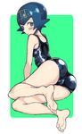  1girl ass bare_shoulders barefoot blue_eyes blue_hair blue_swimsuit blush border breasts feet from_behind full_body green_background hair_ornament hairband half-closed_eyes looking_at_viewer looking_back lying matching_hair/eyes motsu_aki on_side one-piece_swimsuit pokemon pokemon_sm short_hair simple_background small_breasts smile soles solo suiren_(pokemon) swimsuit toes white_border 