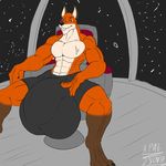  angrypotato96 anthro bulge canine clothed clothing fox hyper hyper_bulge looking_at_viewer male mammal muscular muscular_male smile solo 
