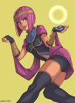  :d artist_name bangs blue_eyes blunt_bangs bob_cut breasts capelet crystal_ball dark_skin egyptian egyptian_clothes fingerless_gloves gloves hair_ornament highres imdsound looking_at_viewer menat open_mouth orb purple_hair short_hair simple_background smile solo street_fighter street_fighter_v teeth thighhighs vambraces yellow_background 