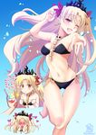  &gt;_&lt; :o alternate_costume bangs barefoot bikini black_bikini blonde_hair blue_background blush bow breasts command_spell commentary_request dated earrings eating ereshkigal_(fate/grand_order) eyebrows_visible_through_hair fate/grand_order fate_(series) food full-face_blush heart holding jewelry long_hair looking_at_viewer looking_away medium_breasts mori_marimo multiple_views navel one_eye_closed open_mouth parted_bangs parted_lips red_bow red_eyes saint_quartz shaved_ice side-tie_bikini spine standing swimsuit tiara two_side_up v-shaped_eyebrows 