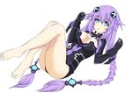  absurdres bare_legs barefoot blue_eyes braid breasts cleavage feet full_body hair_ornament highres large_breasts leotard long_hair looking_at_viewer neptune_(series) purple_hair purple_heart simple_background solo symbol-shaped_pupils tied_hair twin_braids very_long_hair white_background 
