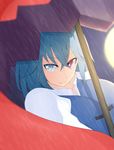  1girl blue_hair breasts eyebrows_visible_through_hair heterochromia large_breasts looking_at_viewer myuunium short_hair solo tatara_kogasa tongue touhou umbrella 