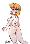  1girl artist_name ass bare_shoulders blue_eyes blush breasts eyebrows_visible_through_hair from_behind gerph half-closed_eyes highres kasumi_(pokemon) large_breasts legs_apart looking_back looking_to_the_side looking_up nipples one-piece_swimsuit orange_hair pokemon pokemon_rgby see-through shiny_skin short_hair signature simple_background smile solo standing swimsuit teeth text watermark wet white_background white_swimsuit 
