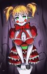  1girl baby_(fnaf) blush_stickers bowtie breasts five_nights_at_freddy&#039;s five_nights_at_freddy&#039;s:_sister_location green_eyes holding holding_microphone looking_at_viewer microphone orange_hair robot robotic_parts short_hair skirt smile solo twintails 