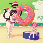  2girls bikini breasts donut food fruit multiple_girls pink_hair red_eyes skullgirls swimsuit tagme thick_thighs watermelon wide_hips 