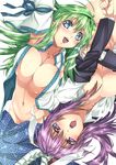  animal_ears areolae arm_up blazer blue_eyes blush bottomless breasts bunny_ears detached_sleeves dress_shirt frog_hair_ornament green_hair hair_ornament ichikawa_ryuunosuke jacket kochiya_sanae large_breasts long_hair looking_at_viewer multiple_girls navel no_bra no_panties open_clothes open_shirt purple_eyes purple_hair reisen_udongein_inaba shirt simple_background skirt skirt_pull smile snake_hair_ornament teeth tongue touhou white_background white_shirt 