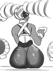  arms_(game) ass back bracelet cup dark_skin earring large_ass long_hair looking_at_viewer looking_back mask nintendo pigtails sitting solo tagme twintelle_(arms) 