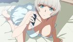  barefoot bed big_breasts blue_eyes breasts cellphone feet girl meteora_osterreich re:creators short_hair soles toes white_hair 