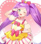  1girl ;d ahoge azit_(down) bangs bare_shoulders blush bow collar collarbone detached_collar detached_sleeves eyebrows_visible_through_hair frilled_skirt frills green_eyes hair_bow hand_on_hip heart highres idol_time_pripara long_hair manaka_lala one_eye_closed open_mouth pink_bow pleated_skirt pripara puffy_short_sleeves puffy_sleeves purple_hair see-through see-through_sleeves shirt short_sleeves signature skirt sleeveless sleeveless_shirt smile solo striped treble_clef twintails v_over_eye vertical-striped_skirt vertical_stripes very_long_hair white_collar white_shirt white_skirt 