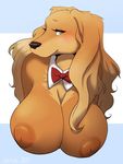  big_breasts black_nose blush bow_tie breasts brown_eyes brown_fur digital_media_(artwork) dogmom female floppy_ears fur looking_at_viewer nipples nosyr smile solo 