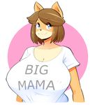  anthro big_breasts blue_eyes breasts brown_fur brown_hair bust_portrait canine cleavage clothed clothing dog english_text female fur hair huge_breasts june_(jinu) mammal mature_female portrait shiba_inu shirt smile solo tan_fur text theycallhimcake 