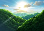  bad_pixiv_id blue_sky cloud commentary_request day forest hariken hill nature no_humans outdoors scenery sky sun sunlight sunrise 