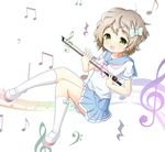 :d bass_clef beamed_eighth_notes blue_skirt bow bow_(instrument) eighth_note full_body green_eyes hair_bow hibike!_euphonium kawashima_sapphire kneehighs light_brown_hair looking_at_viewer musical_note open_mouth polka_dot polka_dot_bow quarter_note riito_(shannon95) school_uniform serafuku shoes short_hair sixteenth_note skirt smile solo treble_clef white_footwear white_legwear 