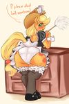  2013 applejack_(mlp) blush butt clothing cowboy_hat cutie_mark dialogue earth_pony english_text equine feather_duster female freckles friendship_is_magic fur green_eyes hat hi_res horse maid_uniform mammal my_little_pony orange_fur panties pony solo sundown_(artist) text thick_thighs underwear uniform 