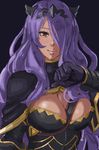  artist_name black_background breasts camilla_(fire_emblem_if) capelet cleavage fire_emblem fire_emblem_if hair_over_one_eye highres imdsound large_breasts lips long_hair looking_at_viewer purple_eyes purple_hair simple_background smile solo tiara upper_body 