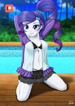  1girl bikini bikini_skirt black_bikini blue_eyes breasts hair_tie hairclip hoodie jacket large_breasts my_little_pony my_little_pony_equestria_girls my_little_pony_friendship_is_magic o-ring_top open_clothes open_jacket personification ponytail purple_hair rarity solo swimsuit swimsuit_under_clothes uotapo white_skin 