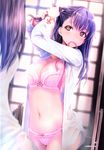  absurdres bangs blurry bra breasts cleavage cowboy_shot depth_of_field dutch_angle fate/stay_night fate_(series) from_behind highres indoors long_sleeves matou_sakura medium_breasts mikazuki_akira! mirror mouth_hold navel open_clothes open_shirt page_number panties pink_bra pink_panties purple_eyes purple_hair reflection ribbon ribbon_in_mouth scan see-through shirt solo tying_hair underwear 