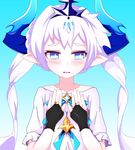  1girl blue_background blue_eyes blush bridal_gauntlets carlos_daniel commentary crown elsword gradient gradient_background hair_ornament horns long_hair looking_at_viewer luciela_r._sourcream noblesse_(elsword) open_mouth pointy_ears solo sweatdrop symbol-shaped_pupils twintails upper_body white_hair 