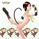  ass balancing boots breasts brown_eyes brown_hair dimples_of_venus eileen_(virtua_fighter) elbow_pads fingerless_gloves gloves monkey monkey_tail nipples nose nude petite polka_dot polka_dot_background scarf short_hair shuuji_(shumi) small_breasts solo standing standing_on_one_leg tail virtua_fighter virtua_fighter_5 