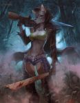  2018 anthro blood breasts brown_fur brown_hair canine clothed clothing digital_media_(artwork) female fur hair holding_object holding_weapon kardie mammal melee_weapon midriff navel smile solo standing sword weapon 