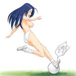  a1 absurdres adidas ahoge ball blue_hair breasts highres idolmaster idolmaster_(classic) idolmaster_1 legs long_hair loose_socks medium_breasts miura_azusa nipples open_mouth panties playing_sports red_eyes running shoes soccer soccer_ball socks solo sport topless underwear white_legwear white_panties white_soccer_ball 