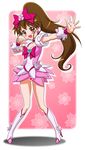  \m/ blush boots bow breasts brown_eyes brown_hair censored choker cleavage cosplay cure_blossom cure_blossom_(cosplay) dress earrings floral_background hair_bow heart heartcatch_precure! jewelry knee_boots kousaka_jun long_hair magical_girl medium_breasts no_panties novelty_censor pink_background pink_bow pink_choker ponytail precure smile solo taneshima_popura working!! 