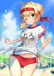  ;) ahoge akamizuki_(akmzk) blonde_hair blue_sky blush bread_eating_race buruma cloud day fate/grand_order fate_(series) finish_line food green_eyes gym_uniform hairband looking_at_viewer mouth_hold nero_claudius_(fate) nero_claudius_(fate)_(all) olympian_bloomers one_eye_closed red_buruma red_hairband short_hair short_sleeves sky smile solo sports_festival 