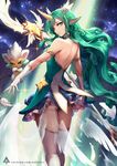  alternate_costume alternate_eye_color alternate_hair_color alternate_hairstyle animal_ears armlet ass back backless_dress backless_outfit bare_back bare_shoulders dress familiar feathers from_behind gloves green_hair green_panties highres horn league_of_legends long_hair looking_at_viewer night oopartz_yang panties pantyshot pantyshot_(standing) patreon_username pointy_ears shoulder_blades skirt sky solo soraka sparkle staff standing star_(sky) star_guardian_soraka starry_sky thighhighs underwear white_gloves 