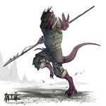  5_fingers anthro barefoot clothed clothing harpoon holding_object holding_weapon kobold male melee_weapon polearm reptile scalie simple_background solo spear tatiilange weapon white_background 