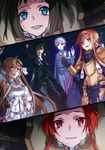  4girls :d abec alice_schuberg arm_up armor armored_dress asuna_(sao) bad_id bad_pixiv_id black_eyes black_gloves black_hair black_pants blonde_hair blue_eyes breastplate brown_eyes brown_hair character_request colorized eugeo floating_hair gauntlets gloves grey_pants hair_between_eyes hair_ornament highres kirito long_hair looking_at_viewer multiple_boys multiple_girls novel_illustration official_art ootsuka_shin'ichirou open_mouth pants red_eyes red_hair ronye_arabel short_hair shoulder_armor sidelocks silver_hair smile spaulders sword_art_online tears tiese_schtrinen very_long_hair white_gloves 