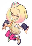  crown domino_mask fingerless_gloves gloves hime_(splatoon) looking_at_viewer mask mole mole_under_mouth multicolored_hair pantyhose pointy_ears smile solo splatoon_(series) splatoon_2 sutegoro white_background white_hair yellow_eyes 