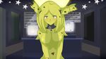  3girls animal_ears blonde_hair blue_hair blush breasts bunny_ears computer five_nights_at_freddy&#039;s green_hair green_skin looking_at_viewer mairusu-paua mirror multiple_girls office picture robot short_hair smile solo springtrap star table 