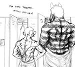  2017 5_fingers abs anatomically_correct animal_genitalia anthro back_muscles balls biceps canine clothing comic dalmatian dialogue digital_drawing_(artwork) digital_media_(artwork) dog english_text equine flaccid fully_sheathed greyscale hair happy hladilnik holding_towel humanoid_hands locker_room looking_down looking_up male mammal monochrome muscular naked_towel nipples nude pecs penis pubes rear_view sheath short_hair side_view simple_background size_difference smile spots stripes text towel towel_whip undressing white_background zebra zebra_dad_(hladilnik) 