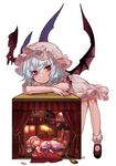  absurdres bare_legs bat_wings bent_over black_footwear blue_hair bobby_socks card character_doll curtains doll_house flandre_scarlet full_body hat highres izayoi_sakuya long_hair looking_at_viewer mary_janes mob_cap nail_polish patchouli_knowledge playing_card red_carpet red_eyes red_nails remilia_scarlet shan shoes simple_background sitting socks solo touhou white_background white_legwear wings 