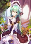  alternate_costume aqua_hair blurry blush bonnet cup depth_of_field dress fate/grand_order fate_(series) frills gloves gothic_lolita horns kiyohime_(fate/grand_order) lolita_fashion long_hair looking_at_viewer open_mouth smile smile_(mm-l) solo squirrel teacup thighhighs white_gloves white_legwear yellow_eyes 