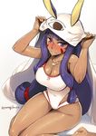  animal_ears bare_legs bare_shoulders barefoot blush breasts cleavage closed_mouth dark_skin facial_mark fate/grand_order fate_(series) hair_tubes jackal_ears jewelry large_breasts long_hair looking_at_viewer necklace nitocris_(fate/grand_order) nitocris_(swimsuit_assassin)_(fate) nose_blush one-piece_swimsuit purple_eyes purple_hair sidelocks sitting solo sweat swimsuit twitter_username very_long_hair wariza white_swimsuit yanagi_(tsukiakari) 
