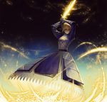  armor armored_dress artoria_pendragon_(all) bean_sprouts_(6651003) blonde_hair blue_dress blue_eyes blue_ribbon dress excalibur fate/stay_night fate_(series) hair_between_eyes hair_ribbon highres holding holding_sword holding_weapon ribbon saber short_hair solo standing sword weapon 
