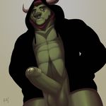  2017 abs anthro balls bottomless bovine cattle chin_beard clothed clothing dutch_angle erection facial_piercing front_view genital_focus hands_in_pockets hi_res hoodie horn humanoid_penis low-angle_view male mammal muscular neutral_face nose_piercing nose_ring open_hoodie partially_retracted_foreskin pecs penis piercing rov solo standing uncut vein veiny_penis 