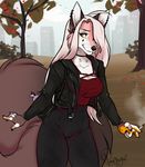  anthro black_nose breasts canine cigarette clothed clothing dandes day detailed_background female fox hair mammal outside piercing pink_hair purrchinyan smile smoking solo yellow_eyes 