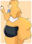  2017 anthro big_breasts big_butt bottle breasts brown_eyes brown_fur brown_nose butt clothed clothing digital_media_(artwork) dogmom female floppy_ears fluffy fluffy_tail fur jakkmau5art looking_at_viewer looking_back pants shirt smile solo sweat 