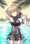  arm_garter arm_up armpits artist_name artoria_pendragon_(all) artoria_pendragon_(swimsuit_rider_alter) bad_id bad_pixiv_id bangs beach black_swimsuit blonde_hair braid breasts commentary_request covered_navel cowboy_shot dated day eyebrows_visible_through_hair fate/grand_order fate_(series) french_braid from_above hair_between_eyes hair_ribbon highres looking_at_viewer lying medium_breasts on_back one-piece_swimsuit outdoors parted_lips partially_submerged ribbon sand shadow short_hair signature solo swimsuit water yellow_eyes yuihira_asu 