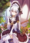  alternate_costume blurry blush bonnet cup depth_of_field dress fate/grand_order fate_(series) frills gloves gothic_lolita horns kiyohime_(fate/grand_order) lolita_fashion long_hair looking_at_viewer open_mouth red_eyes silver_hair smile smile_(mm-l) solo squirrel teacup thighhighs white_gloves white_legwear 