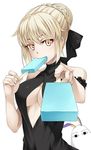  &lt;o&gt;_&lt;o&gt; animal_ears artoria_pendragon_(all) bangs bare_shoulders black_dress blonde_hair blush braid breasts center_opening commentary_request cosplay dress eating fate/grand_order fate_(series) feeding food foreshortening french_braid hair_ribbon jackal_ears jitome looking_at_viewer medium_breasts medjed medjed_(cosplay) mukunokino_isshiki multiple_girls nitocris_(fate/grand_order) nitocris_(swimsuit_assassin)_(fate) popsicle pov_feeding ribbon saber_alter simple_background sleeveless sleeveless_dress sleeveless_turtleneck turtleneck upper_body white_background yellow_eyes 