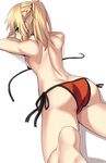  ass bare_back barefoot bikini blonde_hair blush braid breasts commentary_request fate/grand_order fate_(series) french_braid from_behind green_eyes long_hair looking_at_viewer lying mordred_(fate)_(all) mordred_(swimsuit_rider)_(fate) on_stomach parted_lips ponytail profile red_bikini shiseki_hirame side-tie_bikini sideboob small_breasts solo swimsuit the_pose untied untied_bikini 