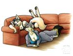  2017 anthro arctic_fox bra breasts brown_eyes canine cleavage clothed clothing dipstick_tail duo eyes_closed female fox half-closed_eyes inner_ear_fluff inside lying mammal mei_(tree-san) multicolored_tail on_front panties pawpads simple_background smile sofa underwear wolf zannah zannah_(character) 