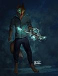  4_toes 5_fingers anthro back_nose brown_fur brown_hair canine clothed clothing fur gun hair holding_object holding_weapon male mammal ranged_weapon solo standing tatiilange toes weapon wolf 